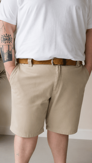 Kam Jeans 3402 Belted Dobby Weave Stretch Chino Shorts Beige - Calções - Calções Homem Tamanhos Grandes