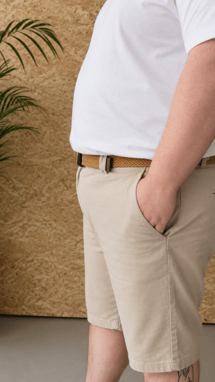 Kam Jeans 3402 Belted Dobby Weave Stretch Chino Shorts Beige - Calções - Calções Homem Tamanhos Grandes